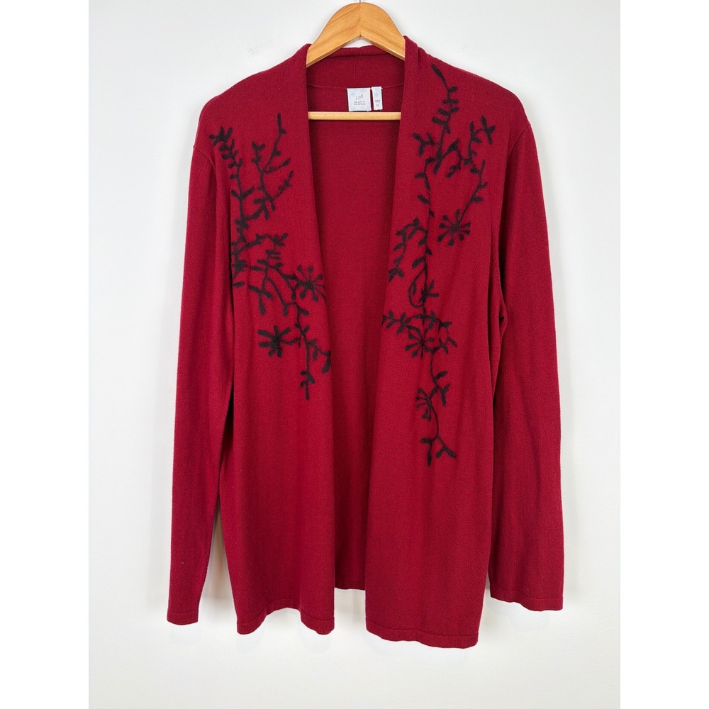 J.Jill Open Front Cardigan XL Red Floral Embroidered Cotton Cashmere Soft